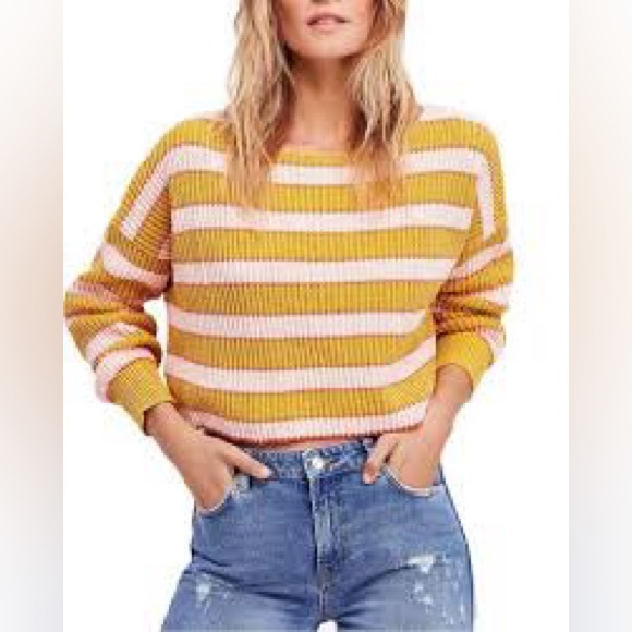 Free People Sweaters - Free People Just My Stripe Yellow and Pink Sweater, Size XS